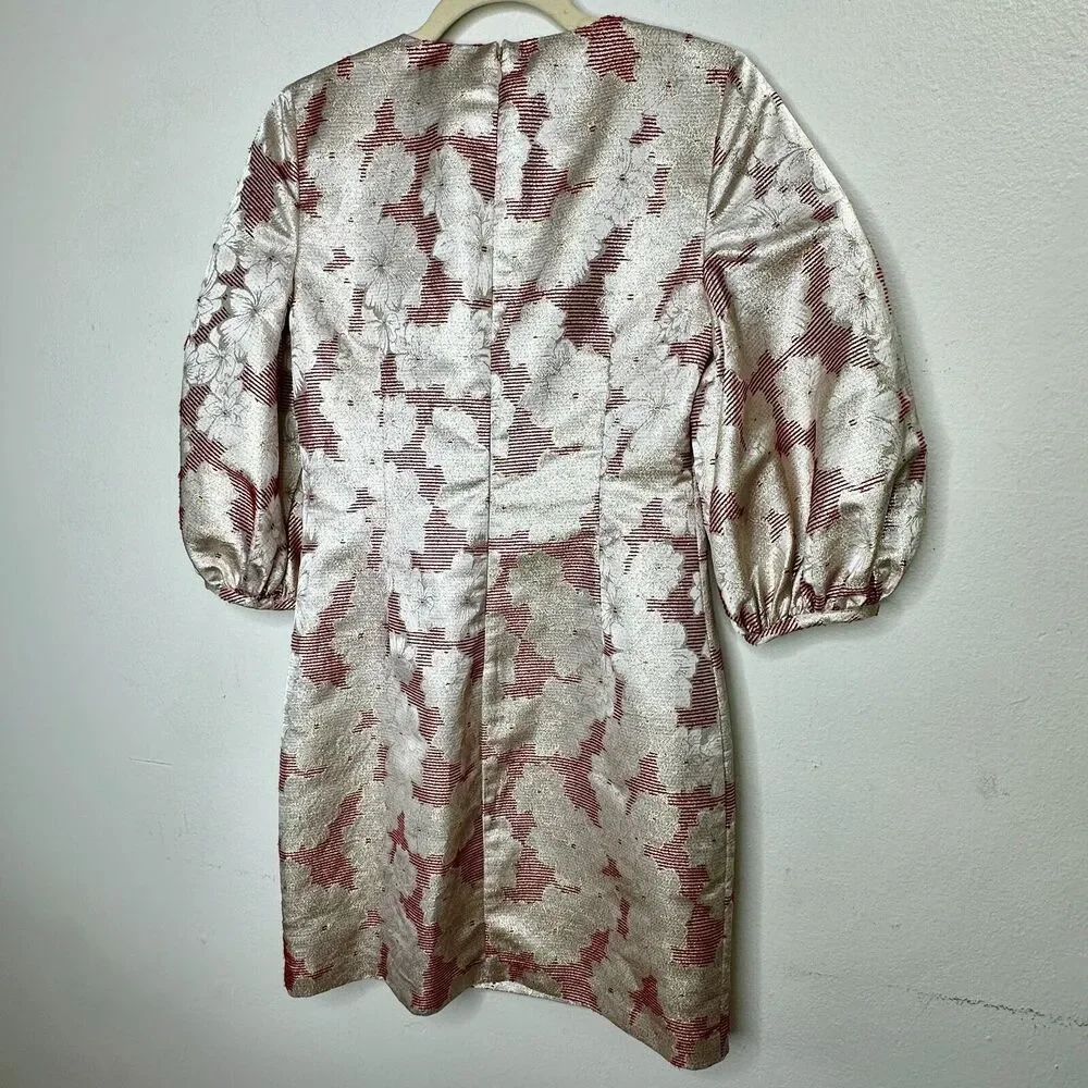 Belle Badgley Mischka Red & Gold Metallic Stripe Floral Balloon Sleeve Dress 2